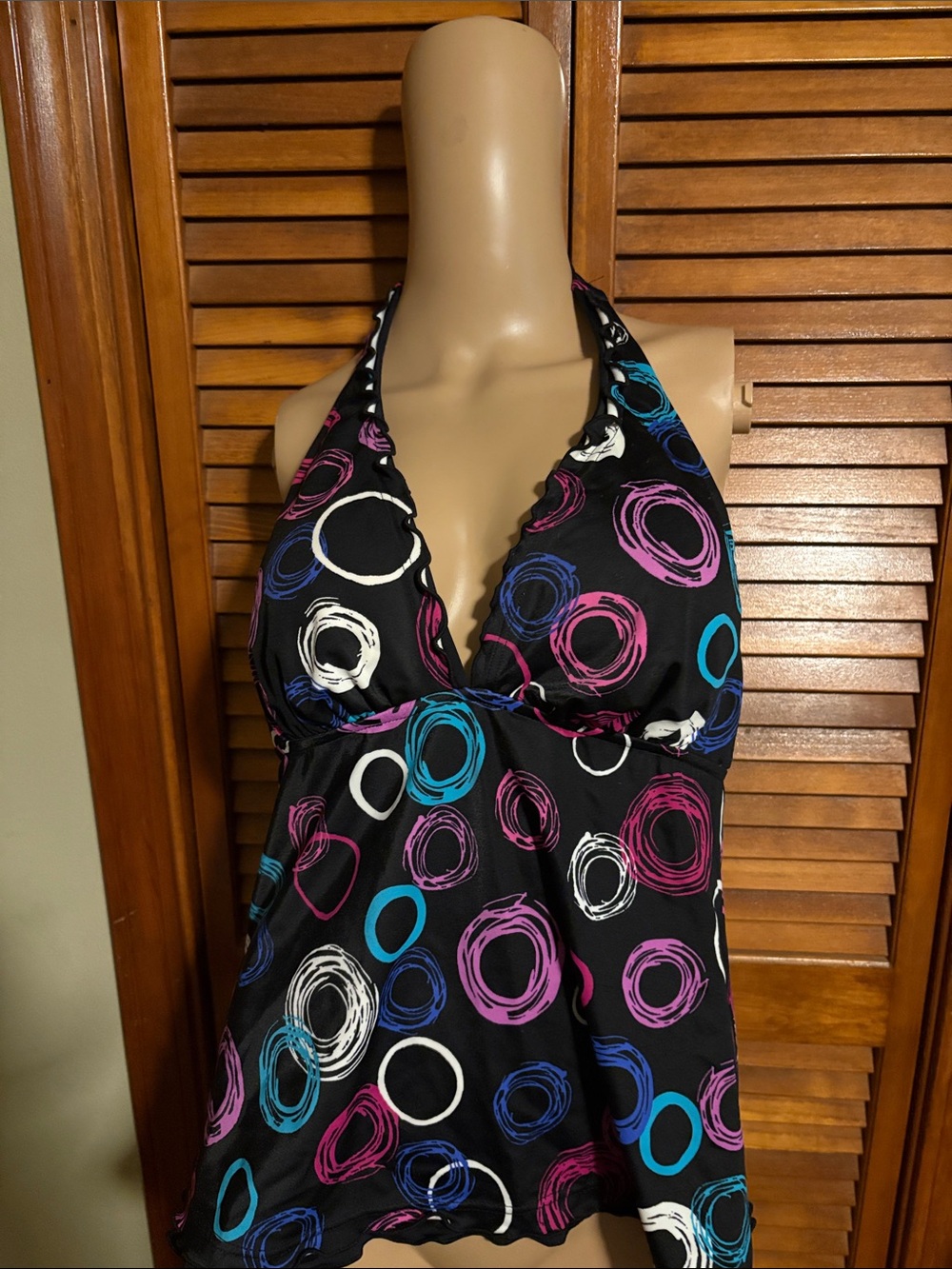 Women’s Black Halter Tankini Top with Pink & Blue Circle Print